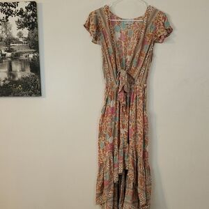Sea Lustre Sunny Days Floral High-Low Dress Size S/M Plunging V-Neck Tie Chest